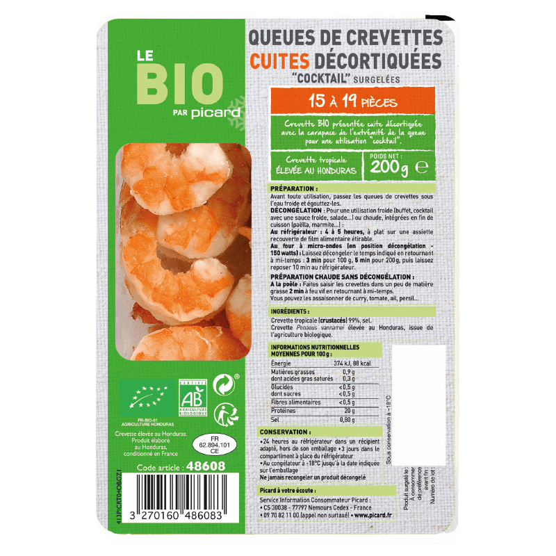 Queues crevettes cuites décortiquées cocktail bio - 48608 - Picard Réunion
