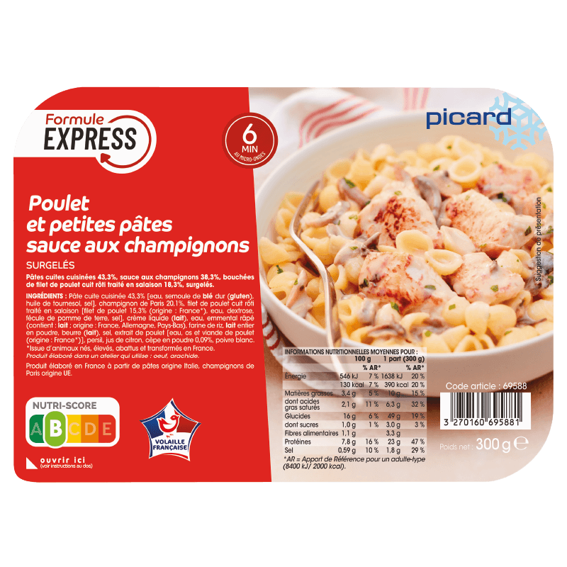 Poulet et petites pâtes sauce aux champignons - 69588 - Picard Réunion
