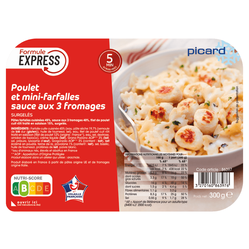 Poulet et mini-farfalles sauce aux 3 fromages - 86397 - Picard Réunion